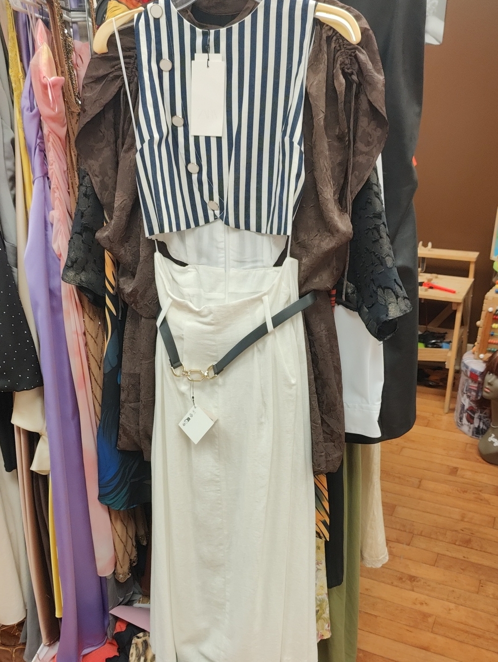 Zara Navy and White Striped Crop Top with White Skirt Connected